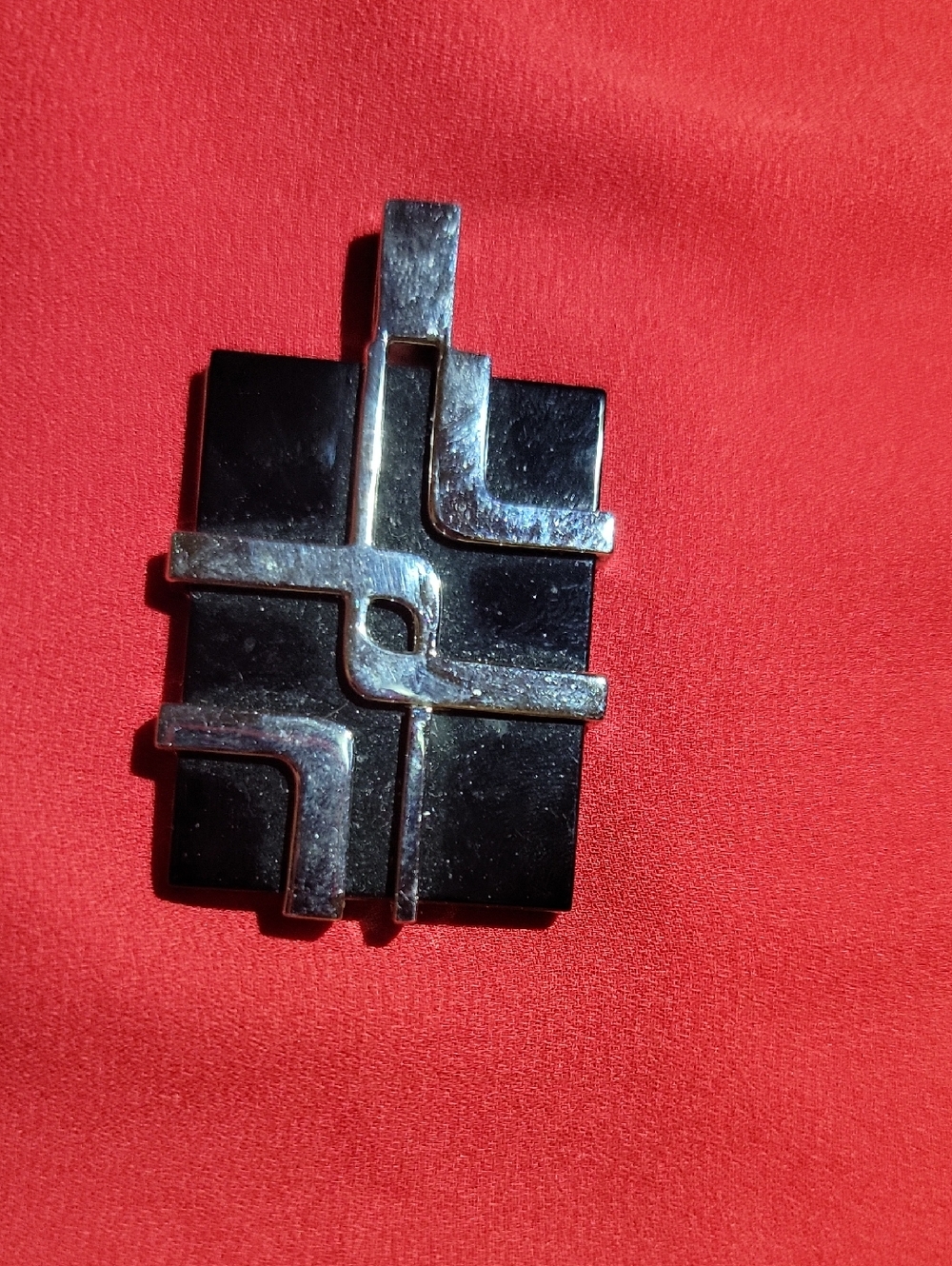 Geometric Black Enamel & Silver-Tone Statement Pin Sterling Silver Large Stamped